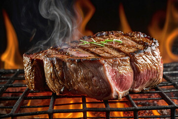 Steak grill on flame, realistic close up medium rare beef ribeye steak grill on fire flame in concept of very delicious tasty food ingredient with beautiful studio shot with black background