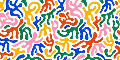 Set of abstract organic shapes. Seamless pattern with different shapes in retro style. Abstract irregular forms. Children scribble. Simple liquid amorphous splodges. Vector illustration isolated