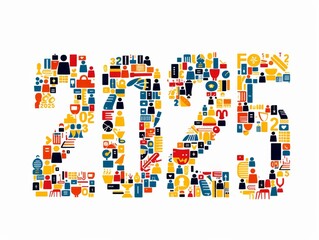 logo using a mosaic of small icons representing book club items - books, people - arranged to form the number "2025"