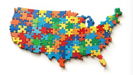 Obraz premium Stylized United States map formed from puzzle pieces in bold colors, symbolizing unity, diversity, and connectivity across the country's 50 states.