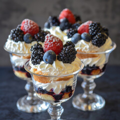 Berries and Cream Parfaits: Vanilla sponge cake, whipped cream, and mixed berries layered in elegant glass cups