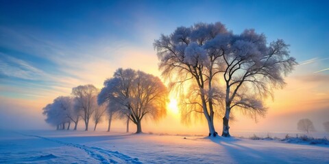 silky misty dawn frosty woodscape eerie monochromatic softbox low-angle backlight captures mystical frozen sentinel trees in creamy pastel hues against faint blue gradated sky