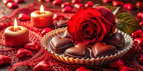 Soft candlelight illuminates heart-shaped candies arranged on plush crimson velvet, rose petals scatter around delicate lace edging, exuding sweet indulgence and tender affection.
