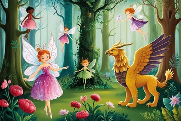 Enchanting Illustrations of Magical Fairies and Griffins in an Enchanted Forest