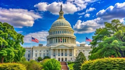 Obraz premium The United States Capitol Building's majestic dome shines brightly under a vibrant blue sky, surrounded by lush greenery and historic American flags.