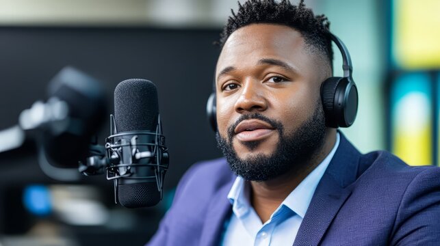 Professional podcaster wearing headphones speaking into a microphone in a studio, engaging audience with insightful discussions.