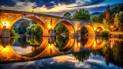 Tranquil Scene Of An Ancient Bridge Illuminated By Warm Night Lights, With A Picturesque Reflection Shimmering In The Flowing Waters Below.