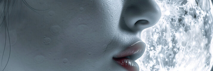 Lunar Serenade: A close-up of a face gazing at the full moon, eyes closed, lips slightly parted.