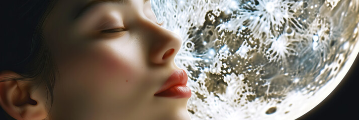 Naklejka premium Lunar Serenade: A close-up of a face gazing at the full moon, eyes closed, lips slightly parted.