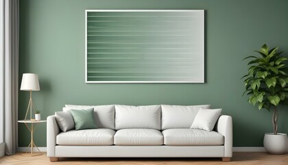 Interior mockup In a white room a blue sofa is placed next to a photo frame on the wall