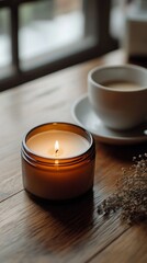  small brown glass candle jar, next to a coffee cup with cream, in style aesthetic, cosy atmosphere