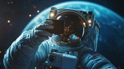 A space tourist astronaut taking a selfie with the Earth on the background