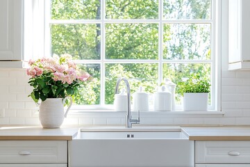 Bright White Kitchen Sink with Window and Flowers