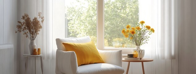 Bright White Room with Yellow Armchair, Window and Floral Decor