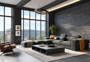 Modern interior of a living room. Penthouse Loft with dark stone walls (3d Rendering)