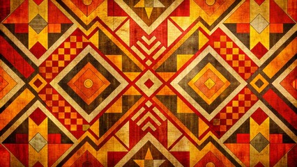 Vibrant abstract tribal-inspired typography with bold geometric patterns and curved lines in shades of orange, yellow, and red on a distressed textured background.