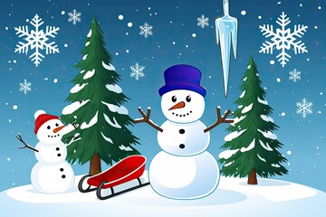 Obraz premium Charming Winter Wonderland Cartoon Scene Featuring Snowman Icicles Pine Trees Snowflakes and Sleds