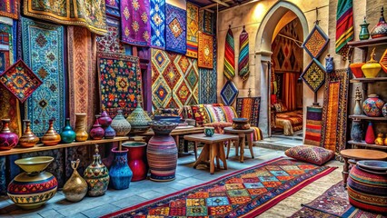 Naklejka premium Vibrant Arabian motifs adorn intricately patterned rugs, ceramics, and textiles, blending ancient Middle Eastern traditions with modern architecture in a colorful, eclectic marketplace scene.