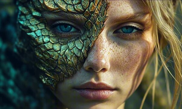 Beautiful woman with mystical scaled skin introspective close-up portrait on dark background