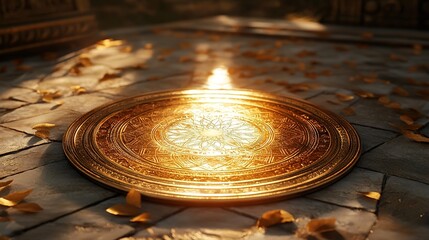 A golden tray with intricate designs sits on a stone surface surrounded by golden leaves. 

