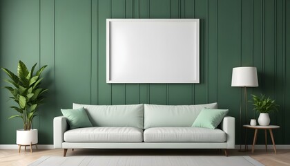 Interior mockup In a white room a blue sofa is placed next to a photo frame on the wall