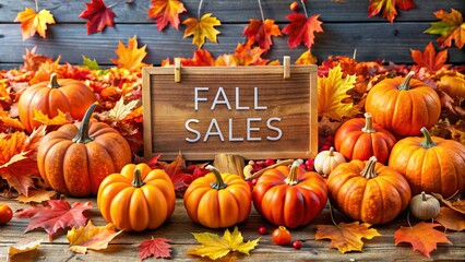 Vibrant autumn leaves and bright orange pumpkins surround a bold "Fall Sales" banner, enticing customers to shop during the seasonal discount event.
