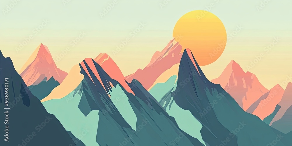 Canvas Prints Stylized Mountain Landscape with Sunrise and Pastel Colors