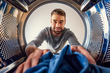 Man Washing clothes. A man doing laundry home. Male.