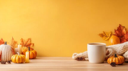 Autumn Coziness: Warm Cup of Coffee with Fall Decor on Wooden Table in Vibrant Setting - Perfect for Seasonal Campaigns