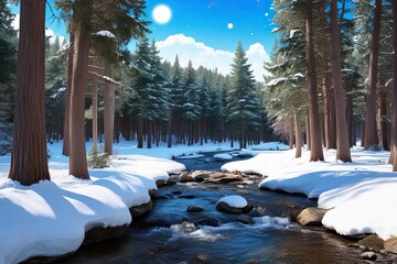 Vibrant Manga Winter Forest Scene with Sunny Stream and Snowy Landscape