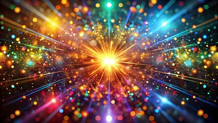 Vibrant-colored glittering particles radiate from a central point, creating a dazzling display of light and color that fills the dark background with mesmerizing sparkle.