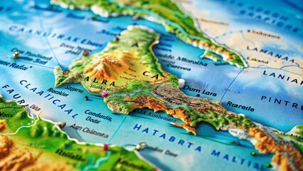 Vibrant colored map of Haiti featuring geographic details, borders, and capital city Port-au-Prince, highlighting the country's mountainous terrain and Caribbean coastal outline.