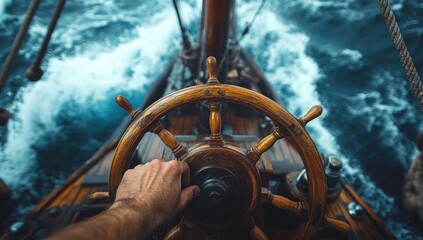 A sailor's hand grips the helm of a classic sailing ship as it navigates the open ocean.