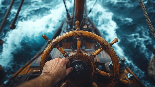 A sailor's hand grips the helm of a classic sailing ship as it navigates the open ocean.