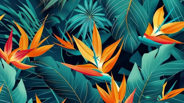 Abstract tropical pattern with exotic flowers and leaves vibrant colors.