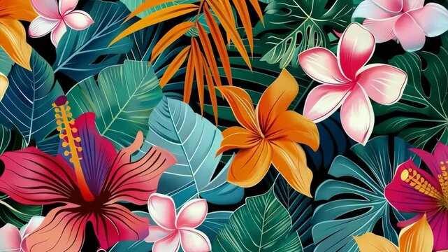 Abstract tropical pattern with exotic flowers and leaves vibrant colors.