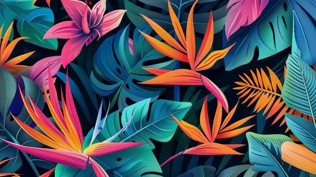 Abstract tropical pattern with exotic flowers and leaves vibrant colors.