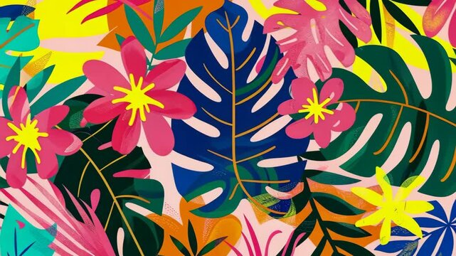 Abstract tropical pattern with exotic flowers and leaves vibrant colors.