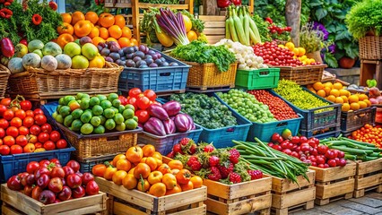 Obraz premium Vibrant colorful poster advertises fresh produce at a bustling outdoor market, with crates of fruits and vegetables artistically arranged to attract customers.