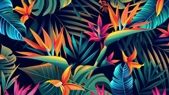 Abstract tropical pattern with exotic flowers and leaves vibrant colors.