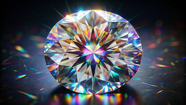 Vibrant, colorless moissanite gemstone with exceptional brilliance and fire, refracting light into a kaleidoscope of colors, on a dark background with subtle shadows.