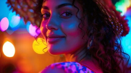  woman at a boho party, portrait, vibrant, professional light, close up