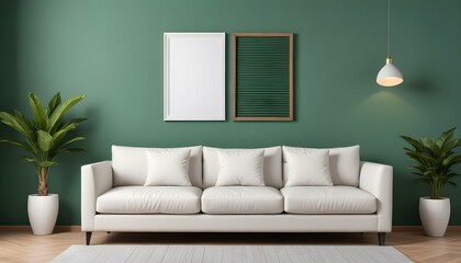 Interior mockup In a white room a blue sofa is placed next to a photo frame on the wall
