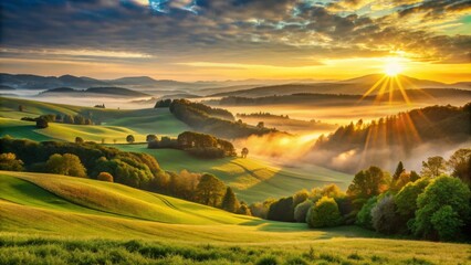 Vibrant dawn breaks over a serene landscape, warm golden light illuminating lush greenery, sparkling dew, and rolling hills, epitomizing a fresh and rejuvenating morning.