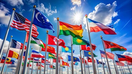 Vibrant flags of various nations waving collectively in the wind against a bright blue sky, symbolizing unity, diversity, and global solidarity.