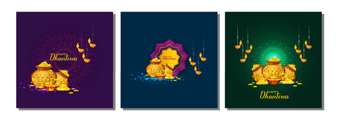 illustration of Gold coin in pot for Dhanteras celebration-Happy Dhanteras.	
. set of three card	
