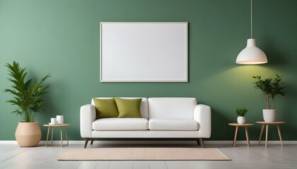 Interior mockup In a white room a blue sofa is placed next to a photo frame on the wall