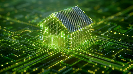 A house made of wires and circuits is lit up in a green color. The house is surrounded by a network of wires and circuits, giving it a futuristic and technological appearance