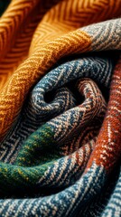 A colorful blanket with a green stripe is folded and rolled up