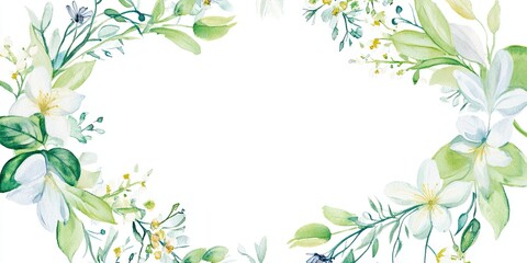 Fototapeta premium Floral Frame with Green Leaves and White Flowers